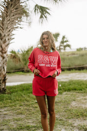 S&W Off-Shoulder Crop Crew - Dragonfruit